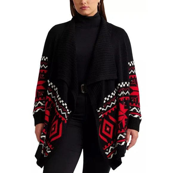 LAUREN Ralph Lauren NWT Black Red & White Christmas Shaw Collar Sweater Large - Picture 3 of 7